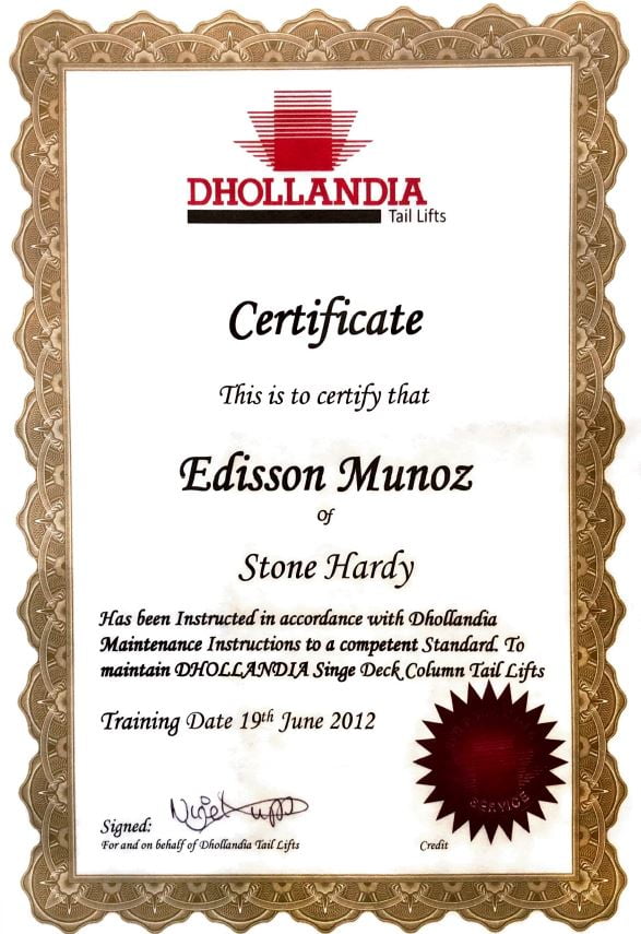 DHollandia Certificate Sydney Tail lift 2014